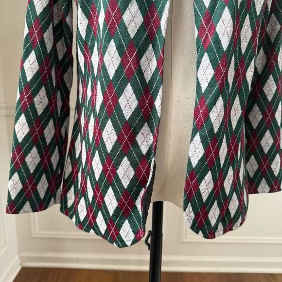 Vintage 70s Polyester Knit Argyle Cardigan Blazer Green Burgundy M - Picture 3 of 8
